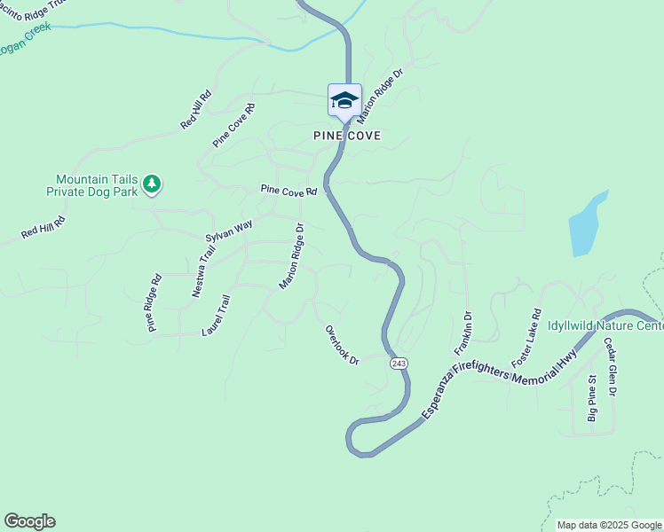 map of restaurants, bars, coffee shops, grocery stores, and more near Big Rock Drive in Idyllwild-Pine Cove