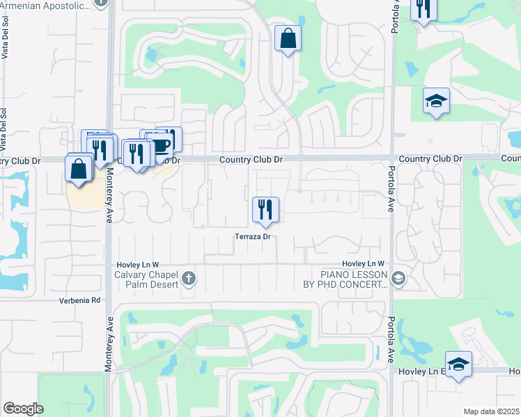 map of restaurants, bars, coffee shops, grocery stores, and more near 73373 Country Club Drive in Palm Desert