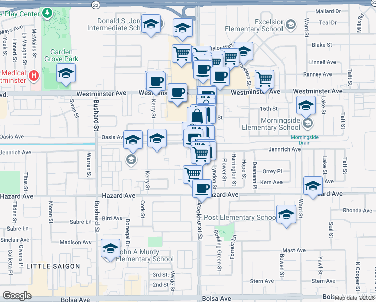 map of restaurants, bars, coffee shops, grocery stores, and more near 9906 13th Street in Garden Grove