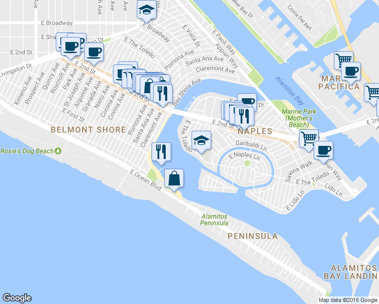 map of restaurants, bars, coffee shops, grocery stores, and more near 5490 East The Toledo in Long Beach