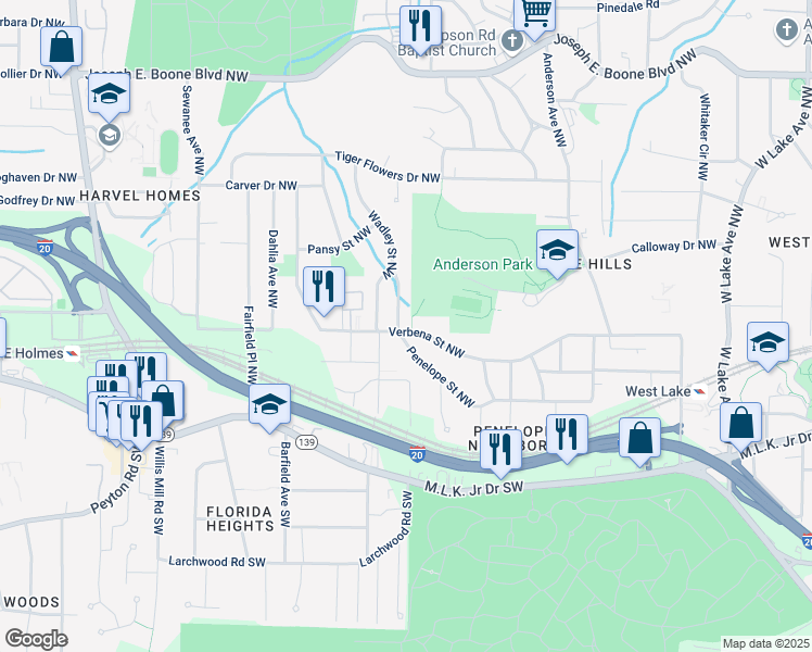 map of restaurants, bars, coffee shops, grocery stores, and more near 2195 Penelope Street Northwest in Atlanta