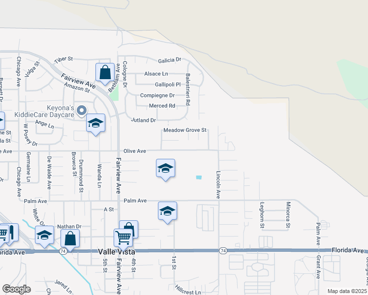 map of restaurants, bars, coffee shops, grocery stores, and more near 44316 Olive Avenue in Hemet