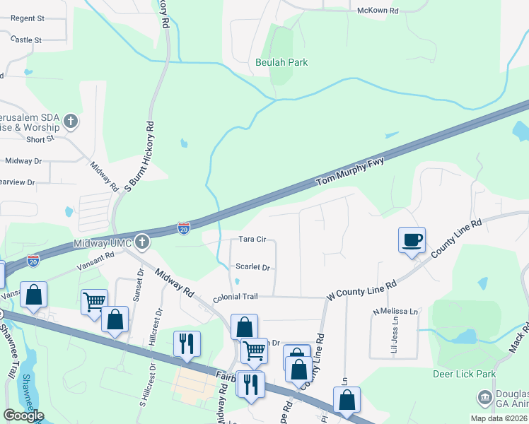 map of restaurants, bars, coffee shops, grocery stores, and more near 3701 Jeneen Terrace in Douglasville