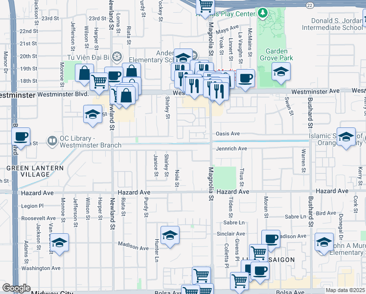 map of restaurants, bars, coffee shops, grocery stores, and more near 8841 Jennrich Avenue in Westminster