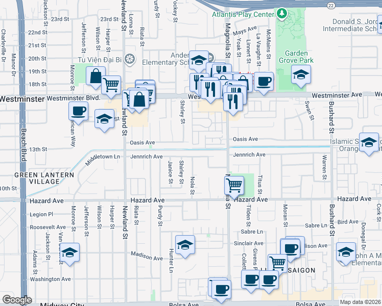 map of restaurants, bars, coffee shops, grocery stores, and more near 8801 Jennrich Avenue in Westminster