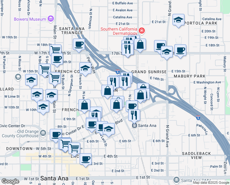 map of restaurants, bars, coffee shops, grocery stores, and more near 1300 North Santiago Street in Santa Ana