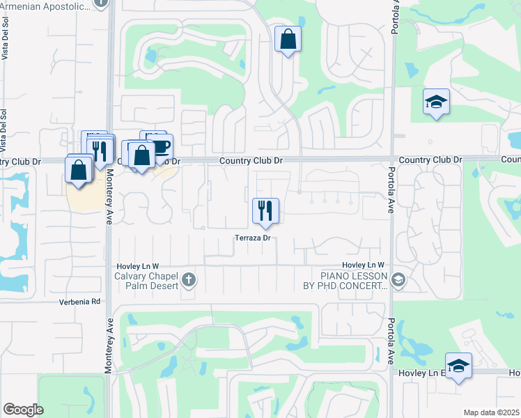 map of restaurants, bars, coffee shops, grocery stores, and more near 4150 Via Carrara in Palm Desert