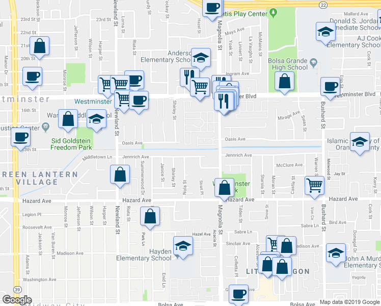 map of restaurants, bars, coffee shops, grocery stores, and more near 8841 Jennrich Avenue in Westminster
