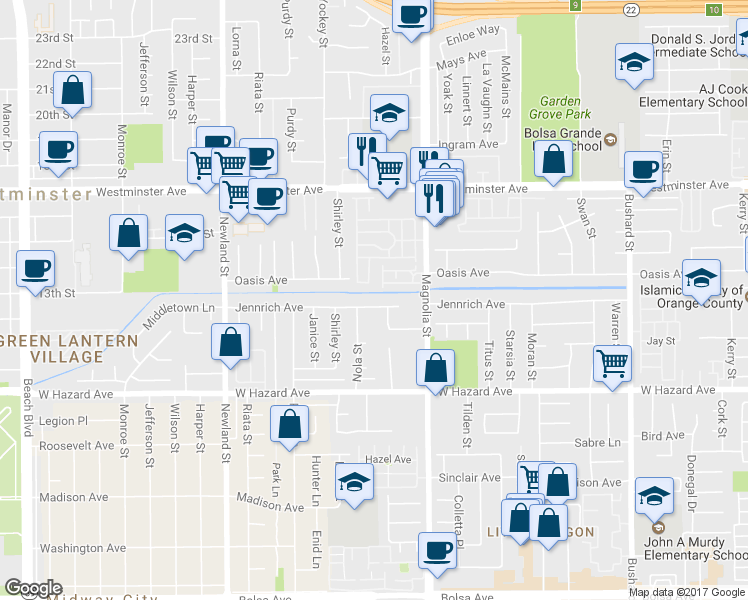 map of restaurants, bars, coffee shops, grocery stores, and more near 8851 Jennrich Avenue in Westminster