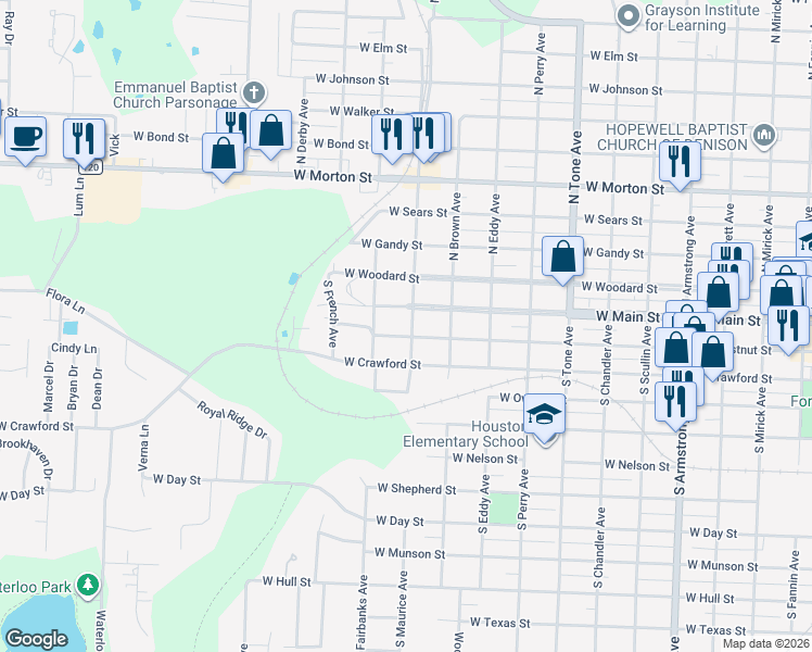 map of restaurants, bars, coffee shops, grocery stores, and more near 1421 West Main Street in Denison