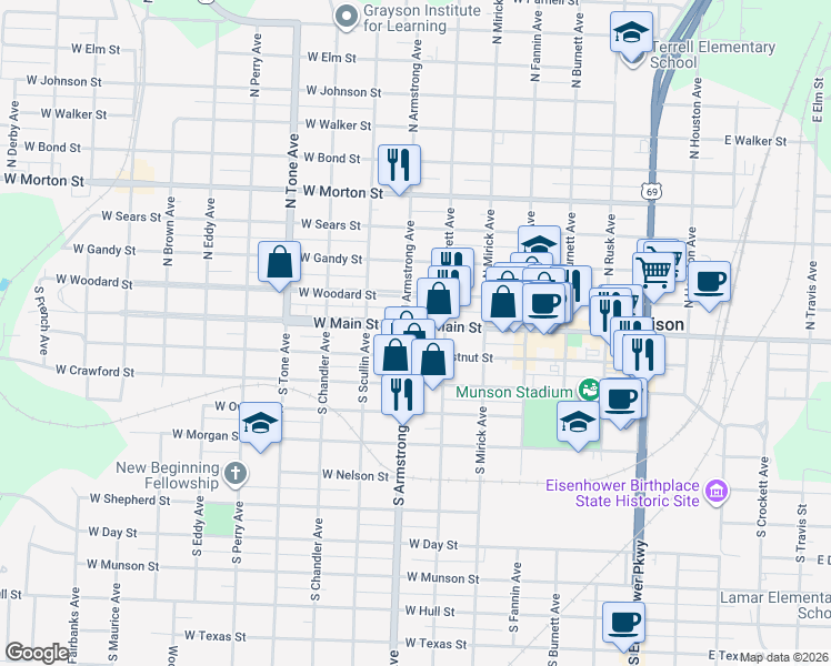 map of restaurants, bars, coffee shops, grocery stores, and more near 800 West Woodard Street in Denison