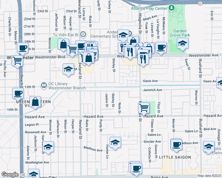 map of restaurants, bars, coffee shops, grocery stores, and more near 8741 Jennrich Avenue in Westminster