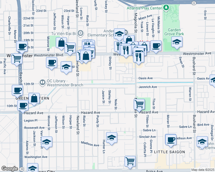 map of restaurants, bars, coffee shops, grocery stores, and more near 8741 Jennrich Avenue in Westminster