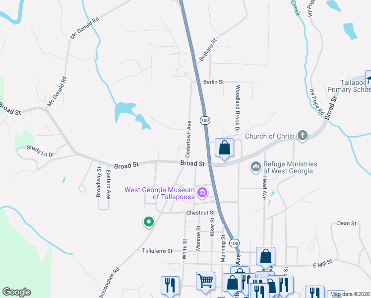 map of restaurants, bars, coffee shops, grocery stores, and more near 552 Cedartown Avenue in Tallapoosa
