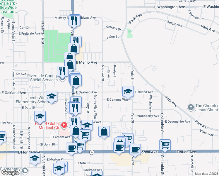 map of restaurants, bars, coffee shops, grocery stores, and more near 1731 Brady Lane in Hemet