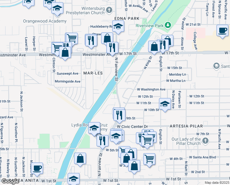 map of restaurants, bars, coffee shops, grocery stores, and more near Santa Ana River Trail in Santa Ana