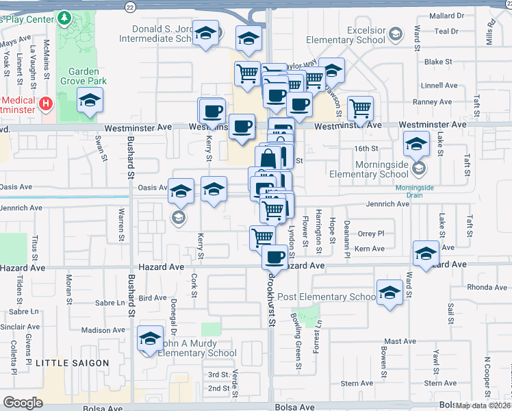 map of restaurants, bars, coffee shops, grocery stores, and more near 9906 13th Street in Garden Grove