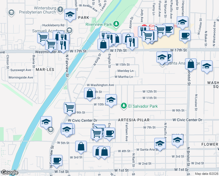 map of restaurants, bars, coffee shops, grocery stores, and more near English Street in Santa Ana