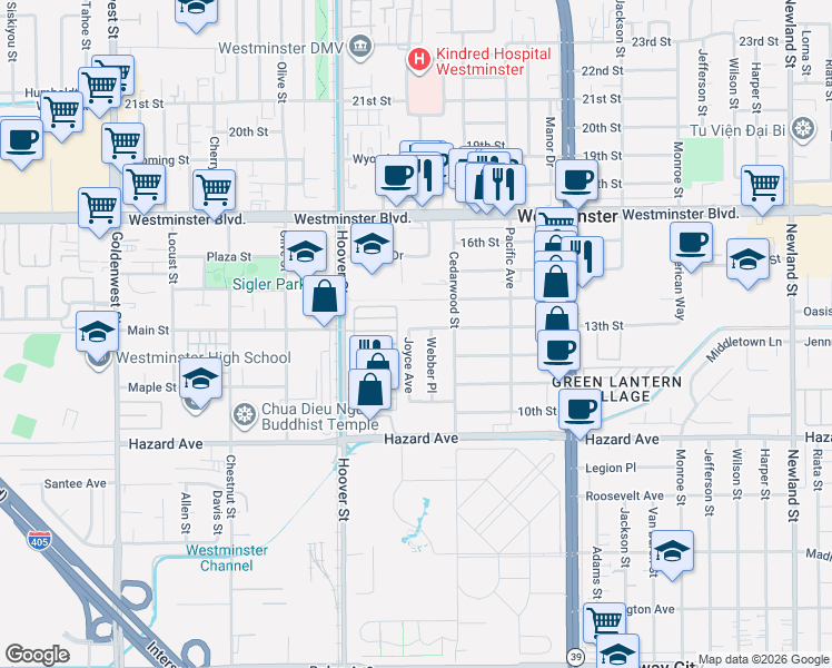 map of restaurants, bars, coffee shops, grocery stores, and more near 7631 13th Street in Westminster