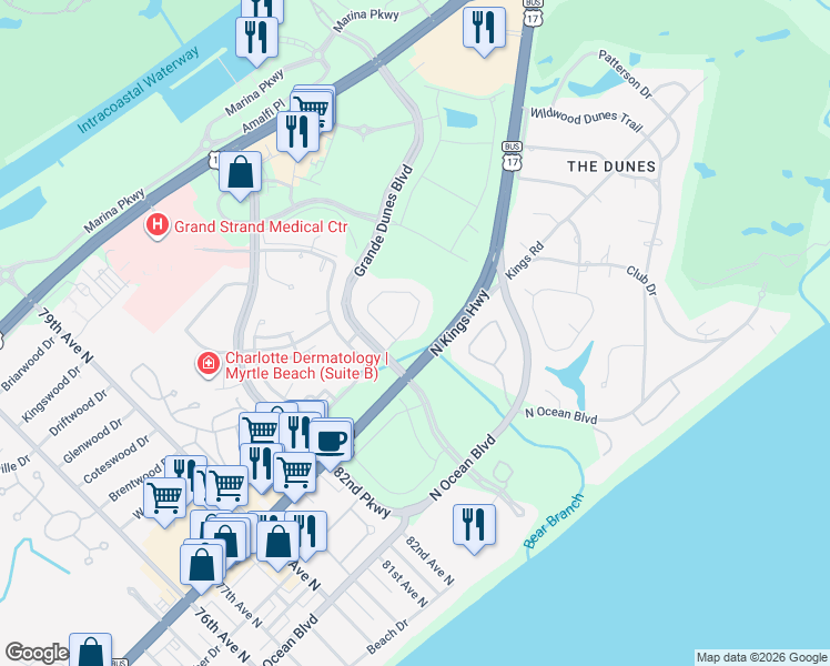 map of restaurants, bars, coffee shops, grocery stores, and more near 394 Posada Drive in Myrtle Beach
