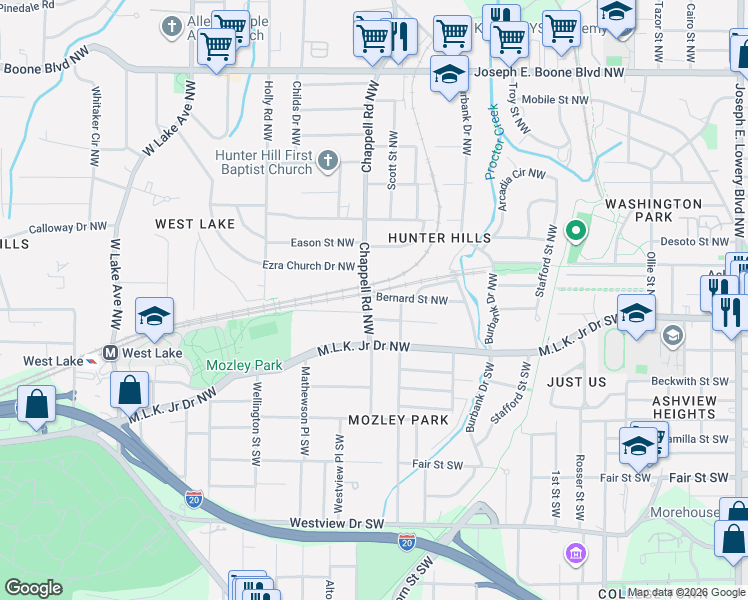 map of restaurants, bars, coffee shops, grocery stores, and more near 26 Chappell Road Northwest in Atlanta