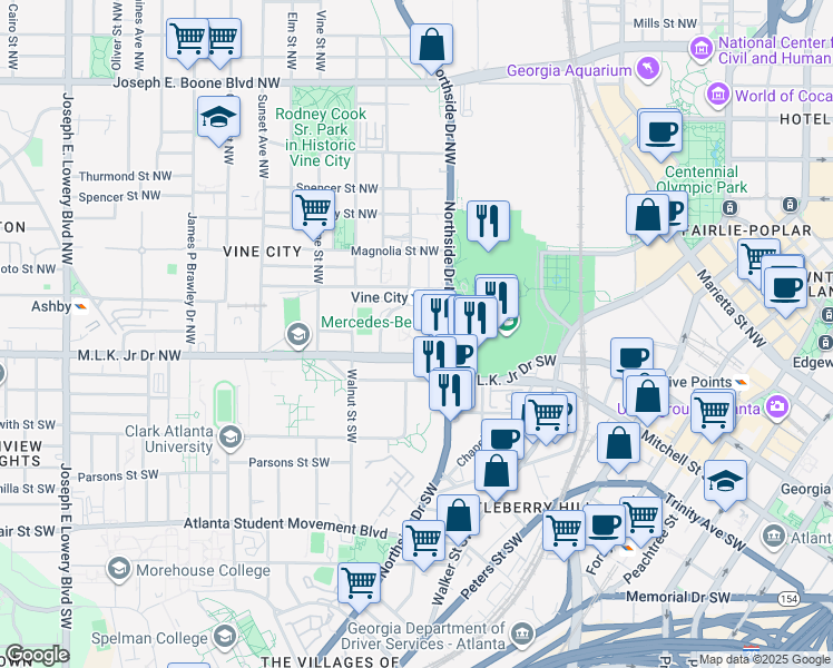 map of restaurants, bars, coffee shops, grocery stores, and more near 600 Moughron Street Northwest in Atlanta