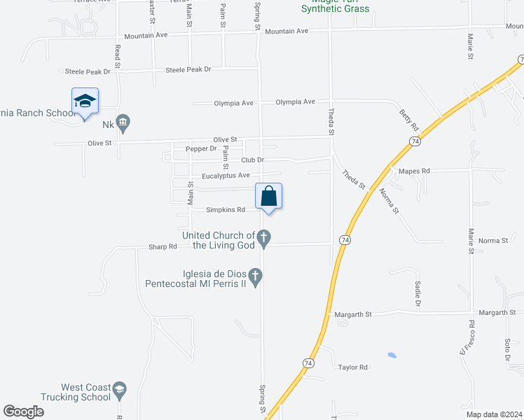 map of restaurants, bars, coffee shops, grocery stores, and more near 25132 Spring Street in Perris
