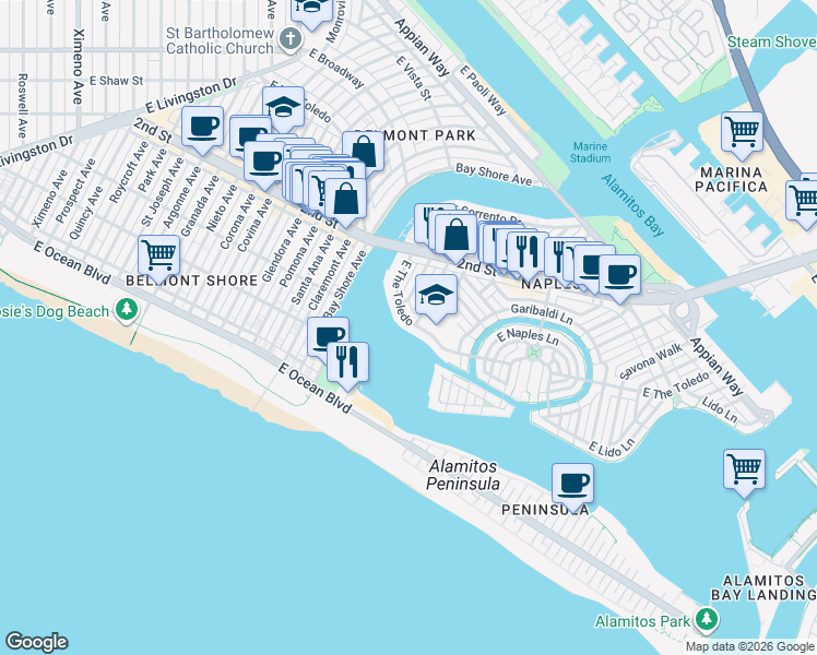 map of restaurants, bars, coffee shops, grocery stores, and more near 5490 East The Toledo in Long Beach