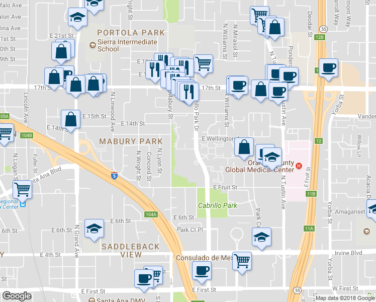 map of restaurants, bars, coffee shops, grocery stores, and more near 1084 Cabrillo Park Drive in Santa Ana