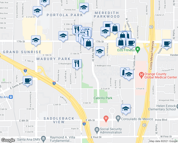 map of restaurants, bars, coffee shops, grocery stores, and more near 1300 Cabrillo Park Drive in Santa Ana