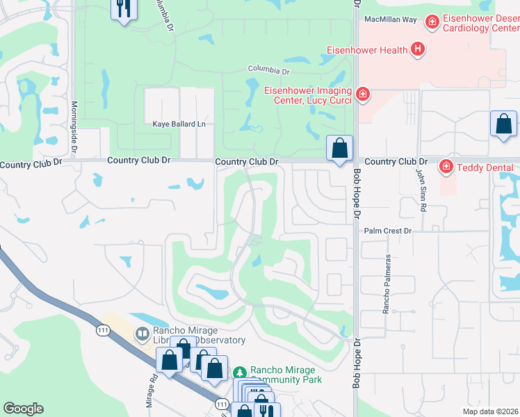 map of restaurants, bars, coffee shops, grocery stores, and more near 6 Sunrise Drive in Rancho Mirage