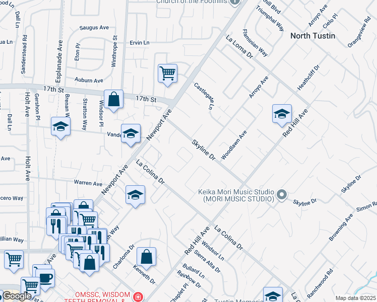 map of restaurants, bars, coffee shops, grocery stores, and more near 1141 Lucinda Way in Tustin