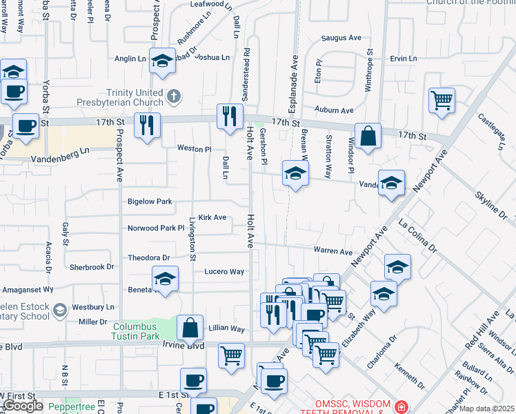 map of restaurants, bars, coffee shops, grocery stores, and more near 14251 Holt Avenue in Santa Ana