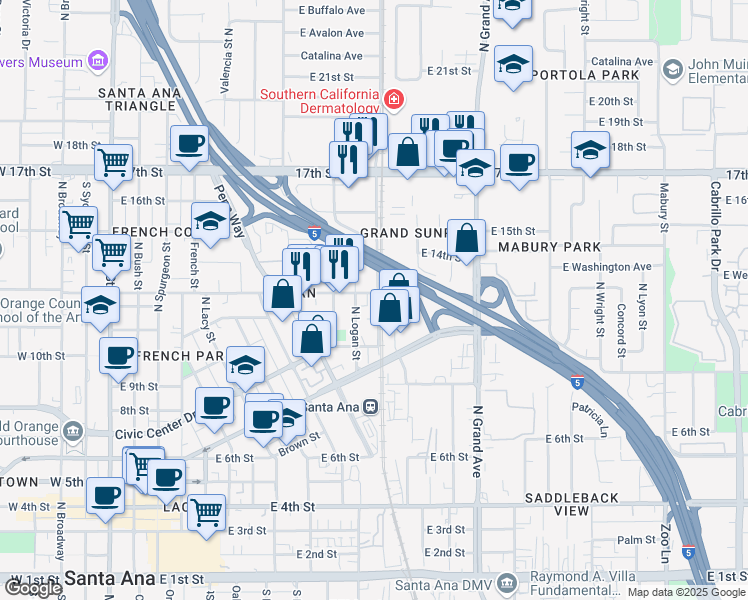 map of restaurants, bars, coffee shops, grocery stores, and more near 1310 Lincoln Avenue in Santa Ana