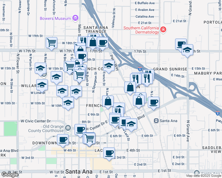 map of restaurants, bars, coffee shops, grocery stores, and more near 525 East Washington Avenue in Santa Ana