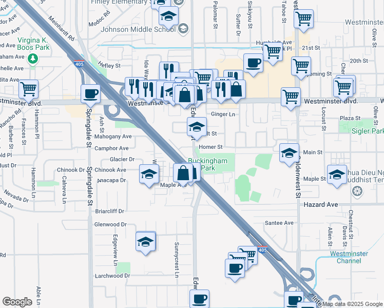 map of restaurants, bars, coffee shops, grocery stores, and more near 14212 Edwards Street in Westminster