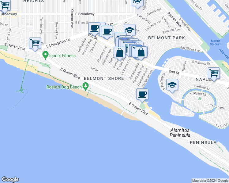 map of restaurants, bars, coffee shops, grocery stores, and more near 40 La Verne Avenue in Long Beach