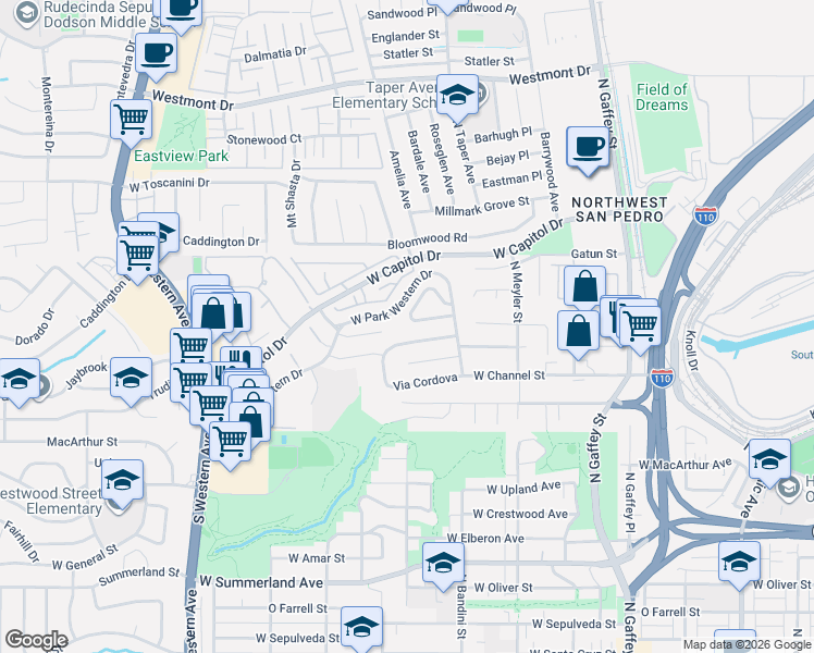 map of restaurants, bars, coffee shops, grocery stores, and more near 1047 Via La Paz in Los Angeles