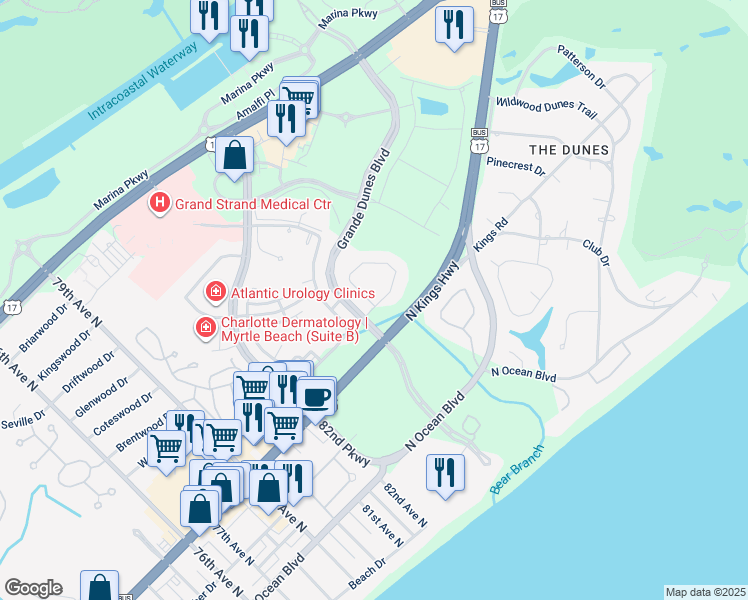 map of restaurants, bars, coffee shops, grocery stores, and more near 8171 Sandlapper Way in Myrtle Beach