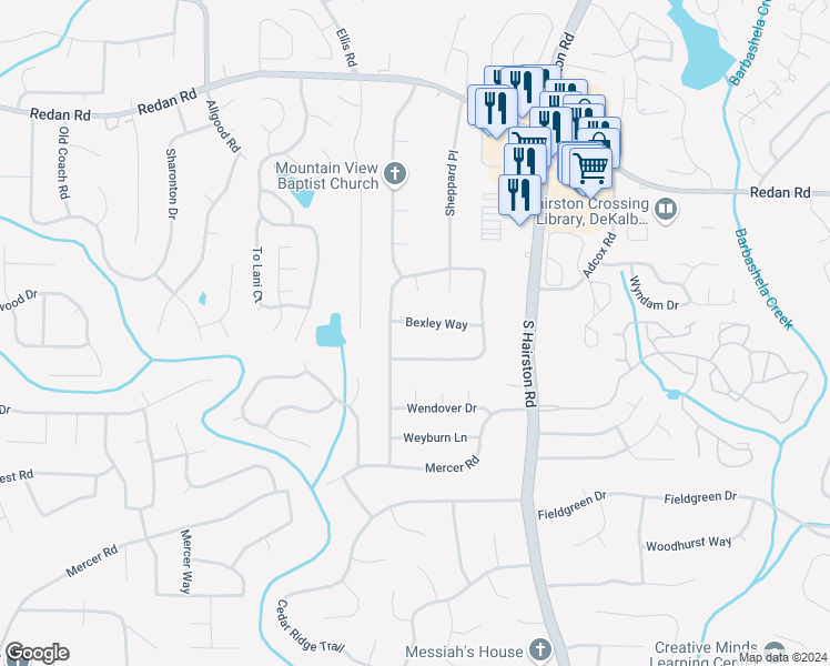 map of restaurants, bars, coffee shops, grocery stores, and more near 4593 Bexley Way in Stone Mountain