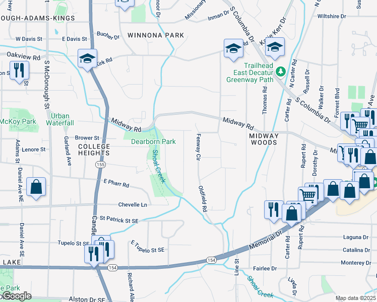 map of restaurants, bars, coffee shops, grocery stores, and more near 1535 Deerwood Drive in Decatur