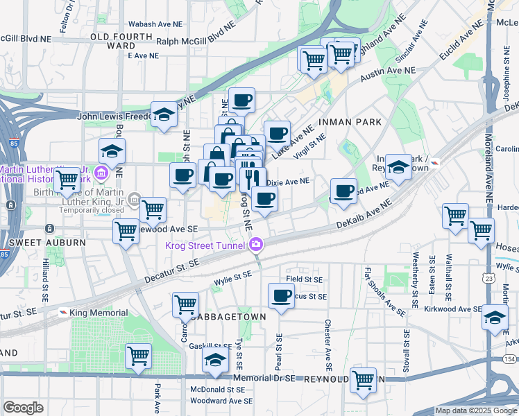 map of restaurants, bars, coffee shops, grocery stores, and more near in Atlanta
