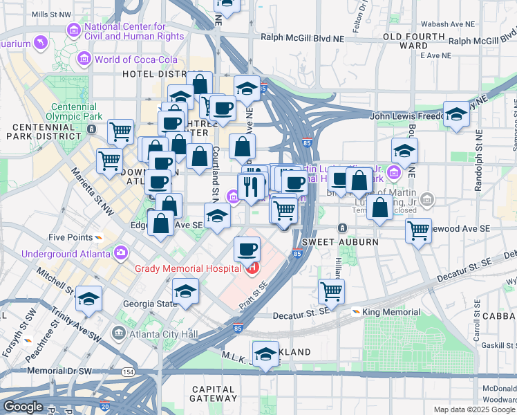 map of restaurants, bars, coffee shops, grocery stores, and more near 210 Auburn Avenue Northeast in Atlanta