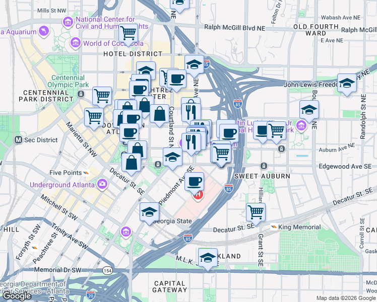 map of restaurants, bars, coffee shops, grocery stores, and more near 60 Piedmont Avenue Northeast in Atlanta
