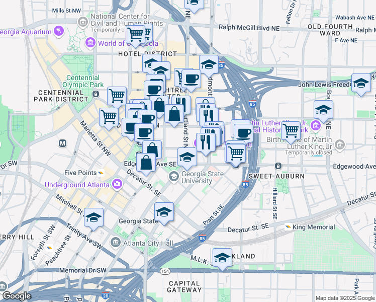 map of restaurants, bars, coffee shops, grocery stores, and more near 100 Auburn Avenue Northeast in Atlanta