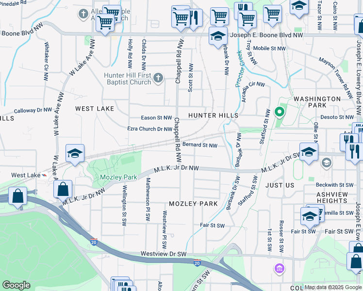 map of restaurants, bars, coffee shops, grocery stores, and more near 26 Chappell Road Northwest in Atlanta