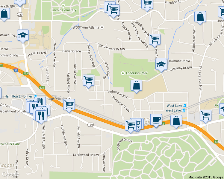 map of restaurants, bars, coffee shops, grocery stores, and more near 2195 Penelope Street Northwest in Atlanta