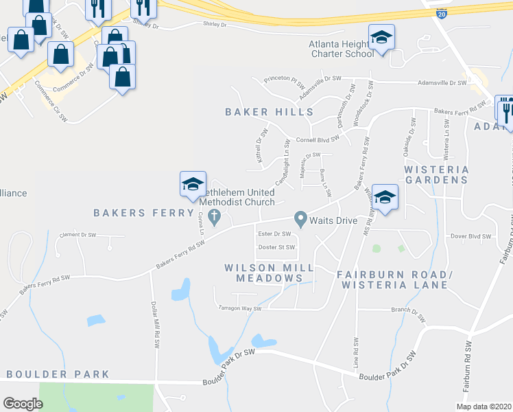 map of restaurants, bars, coffee shops, grocery stores, and more near 34 Candlelight Lane Southwest in Atlanta