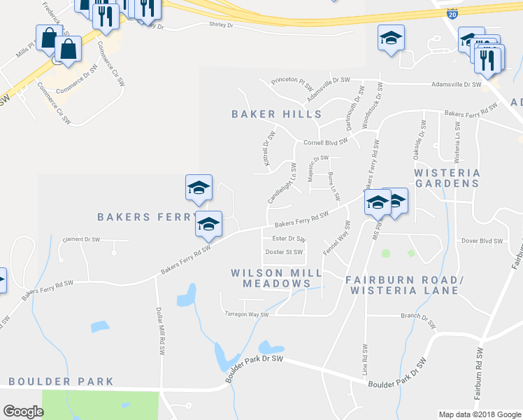map of restaurants, bars, coffee shops, grocery stores, and more near 48 Candlelight Lane Southwest in Atlanta