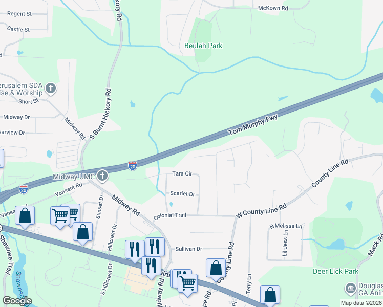 map of restaurants, bars, coffee shops, grocery stores, and more near 3701 Jeneen Terrace in Douglasville